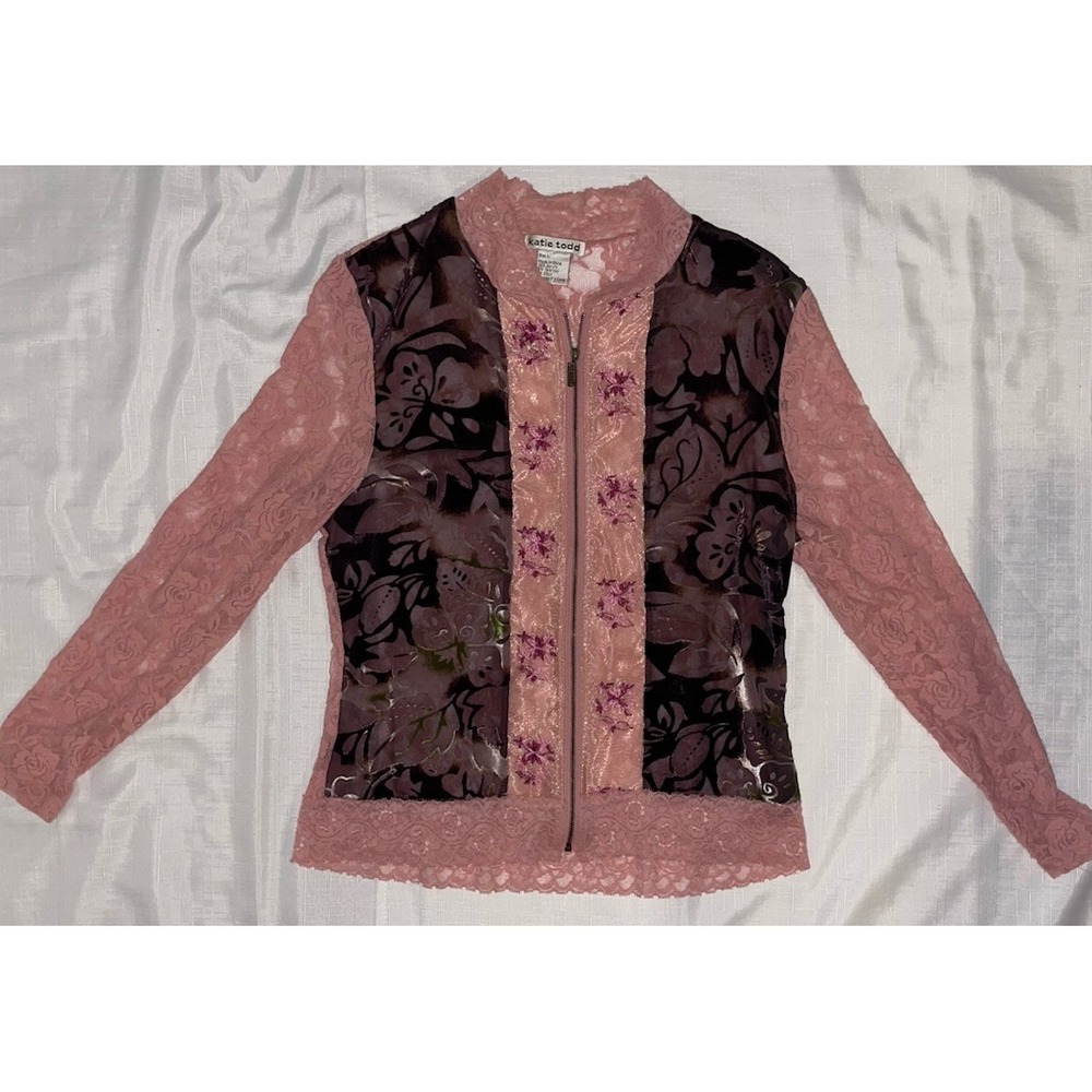 Katie Todd Pink Sheer Floral & Lace Jacket Burn Out Velvet Small Embroidered